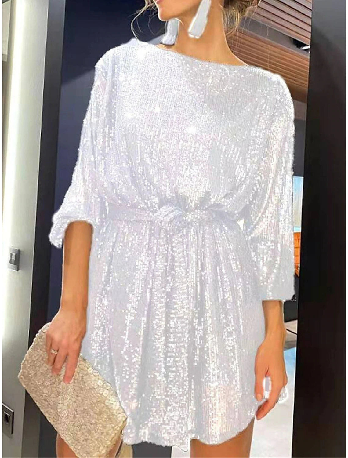 Abito da donna con paillettes, abito da festa, abito da ballo, miniabito, argento, nero, bianco, manica lunga, colore puro, con lacci, autunno, inverno, girocollo, rosso, abito per San Valentino, abito invernale, San Valentino, matrimonio